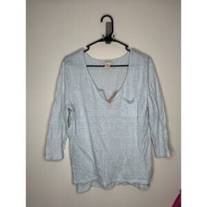 Sundance Blue White Striped 3/4 Sleeve Blouse Linen Cotton Blend Large